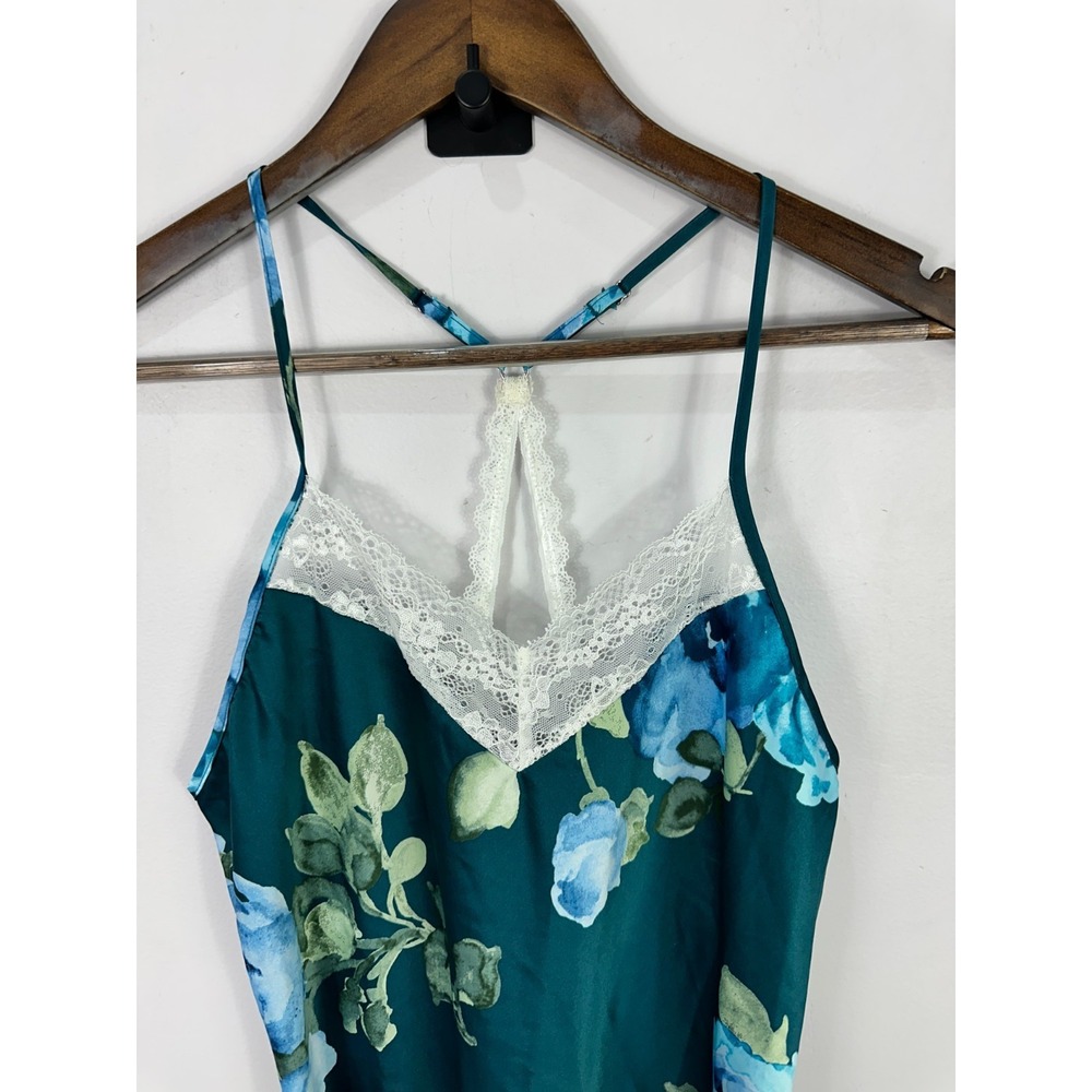 Apt. 9 Camisole Women Small Teal Blue Floral Lace Trim Satin Racerback Sleep Top
